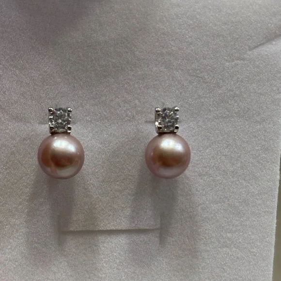 PINK 9mm Natural Freshwater Pearl 925 Silver Mounting Stud Earrings With CZ - Picture 7 of 13